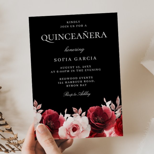 Burgundy Red Black Enchanted Roses Quinceanera Invitation (Creator Uploaded)