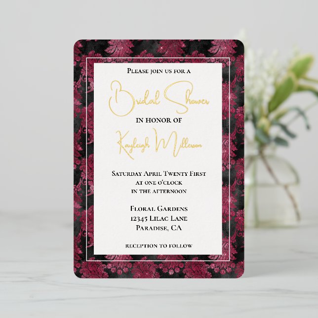 Burgundy Red Black Floral Bridal Shower Foil Invitation (Standing Front)