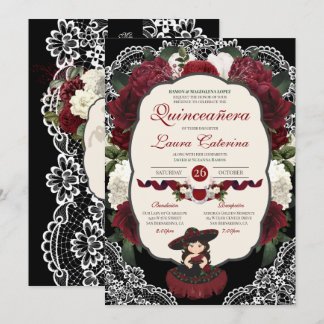 Burgundy Red Black Floral Elegant Charro Quince Invitation