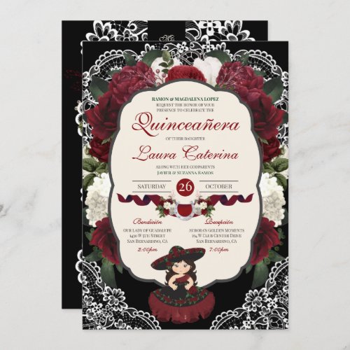 Burgundy Red Black Floral Elegant Charro Quince Invitation