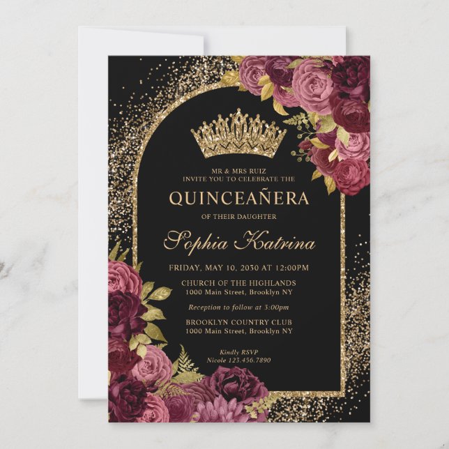 Burgundy Red Black Gold Floral Photo Quinceanera Invitation (Front)