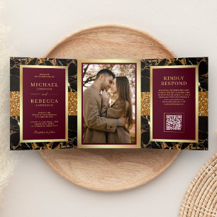 Burgundy Red Black Marble Gold QR Code Wedding Tri-Fold Invitation