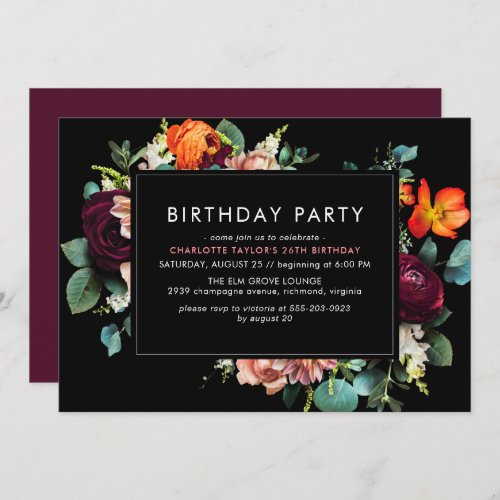 Burgundy Red  Black  Moody Dark Floral Birthday Invitation