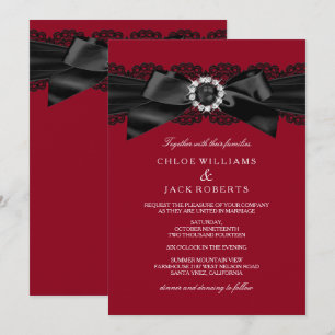 Burgundy Red & Black Pearl Bow Wedding Invite