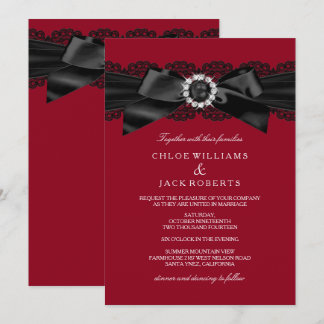 Burgundy Red & Black Pearl Bow Wedding Invite