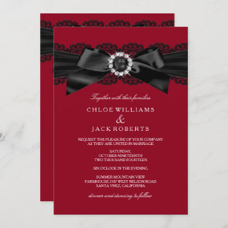 Burgundy Red & Black Pearl Bow Wedding Invite