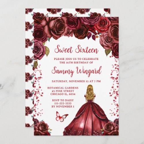 Burgundy Red Blonde Hair Princess Sweet Sixteen Invitation