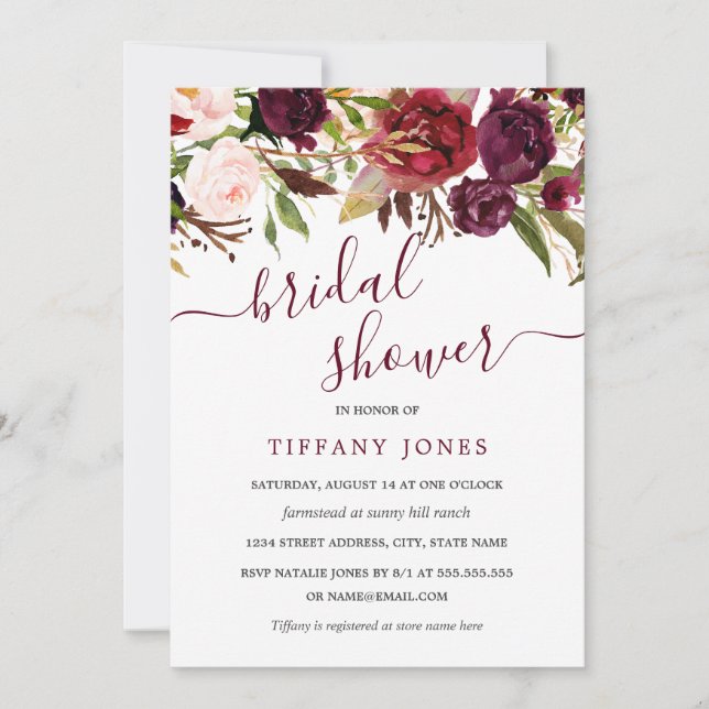 Burgundy Red Bloom Bridal Shower Invitation (Front)