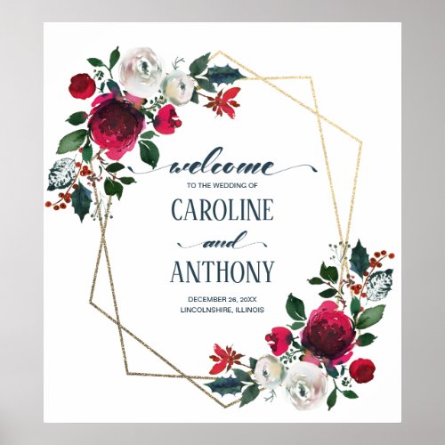 Burgundy Red Bloom Gold Frame Wedding Welcome Sign