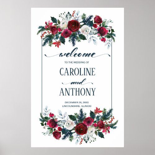 Burgundy Red Bloom Wedding Welcome Sign