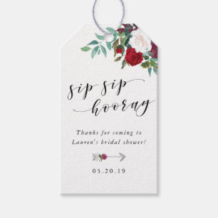 Burgundy Red Blooms Sip Sip Hooray Bridal Shower Gift Tags