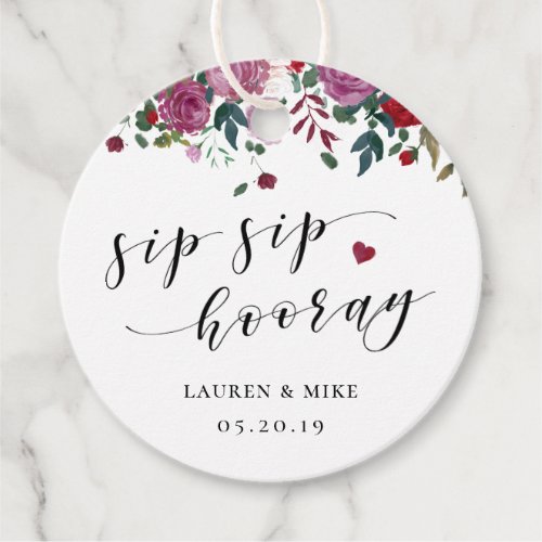 Burgundy Red Blooms Sip Sip Hooray Wedding Round Favor Tags