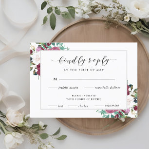 Burgundy Red Blooms Wedding RSVP Meal Choice Card