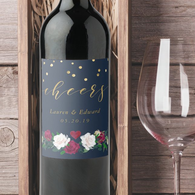 Burgundy Red Blooms Wedding Wine Wine Label (Creator Uploaded)