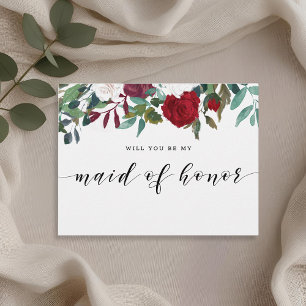 Burgundy Red Blooms Will You Be My Maid of Honor Invitation Postcard