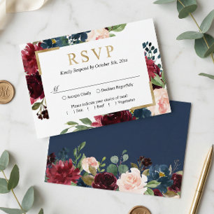 Burgundy Red Blue Blush Floral Wedding RSVP Card