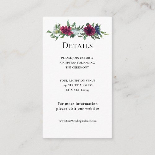 Burgundy Red Blue Elegant Floral Wedding Enclosure Card