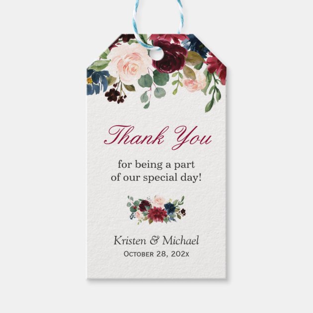 Burgundy Red Blue Floral Wedding Favor Thank You Gift Tags