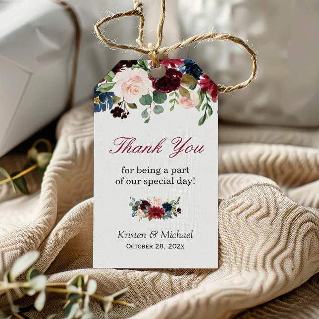 Burgundy Red Blue Floral Wedding Favor Thank You Gift Tags | Zazzle