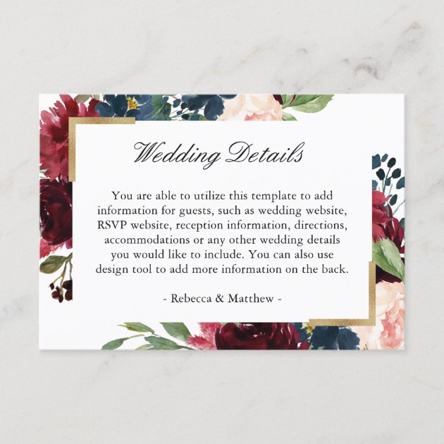 Burgundy Red Blue Floral Wedding Reception Details Enclosure Card