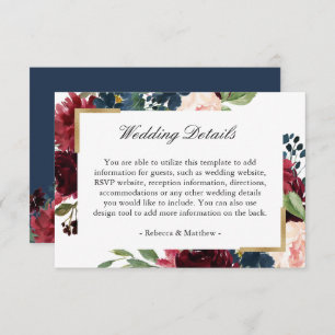 Burgundy Red Blue Floral Wedding Reception Details Enclosure Card