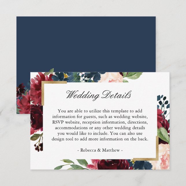 Burgundy Red Blue Floral Wedding Reception Details Enclosure Card (Front/Back)