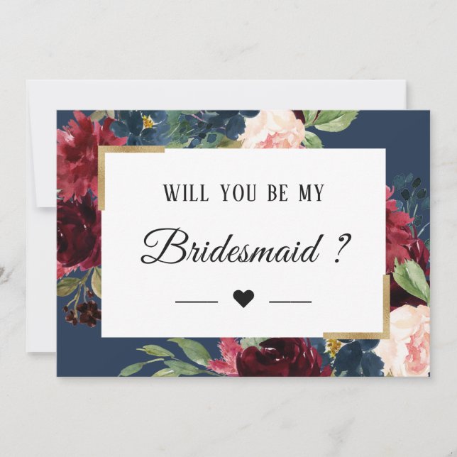 Burgundy Red Blue Floral Will You Be My Bridesmaid Invitation (Front)