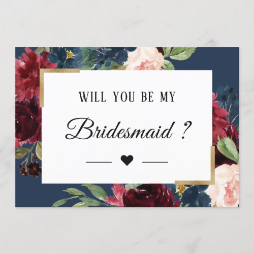 Burgundy Red Blue Floral Will You Be My Bridesmaid Invitation