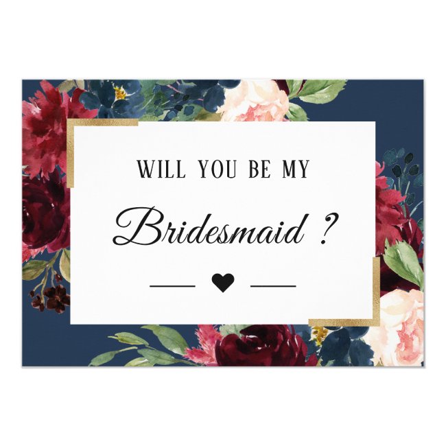 Burgundy Red Blue Floral Will You Be My Bridesmaid Invitation