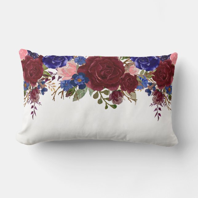 Burgundy Red Blue Navy Rose Flower Waterfall Drop Lumbar Pillow (Front)