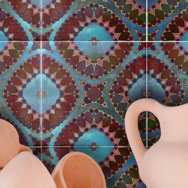 Burgundy Red Blue Symmetrical Geometric Petals Ceramic Tile (Creator Uploaded)