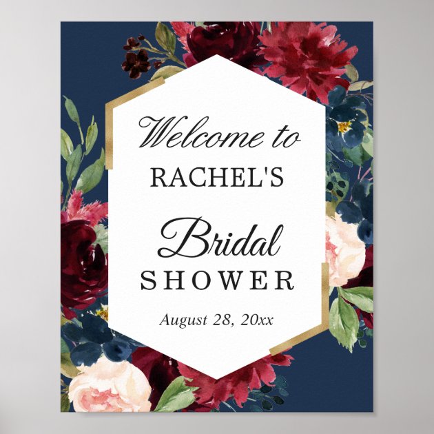 Burgundy Red Blush Blue Floral Bridal Shower Sign