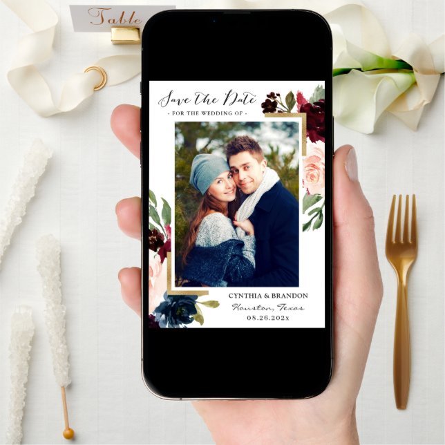 Burgundy Red Blush Blue Floral Gold Photo Save The Date (Front Digital)