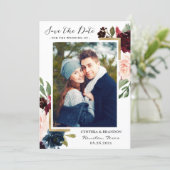 Burgundy Red Blush Blue Floral Gold Photo Save The Date (Standing Front)