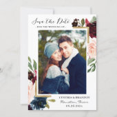 Burgundy Red Blush Blue Floral Gold Photo Save The Date (Front)