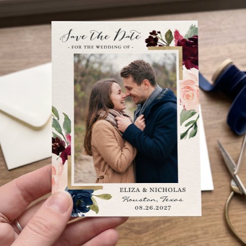 Burgundy Red Blush Blue Floral Gold Photo Save The Date