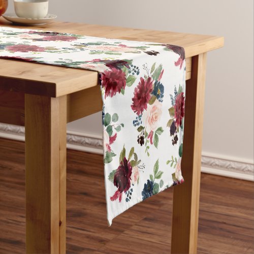 Burgundy Red Blush Blue Floral Short Table Runner