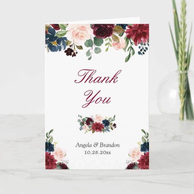 Burgundy Red Blush Blue Floral Thank You