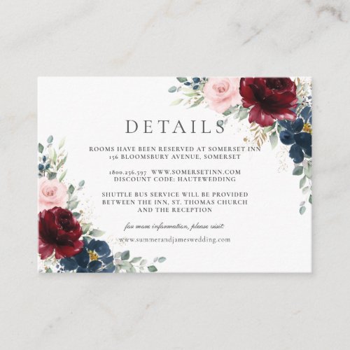 Burgundy Red Blush Blue Floral Wedding Details    Enclosure Card