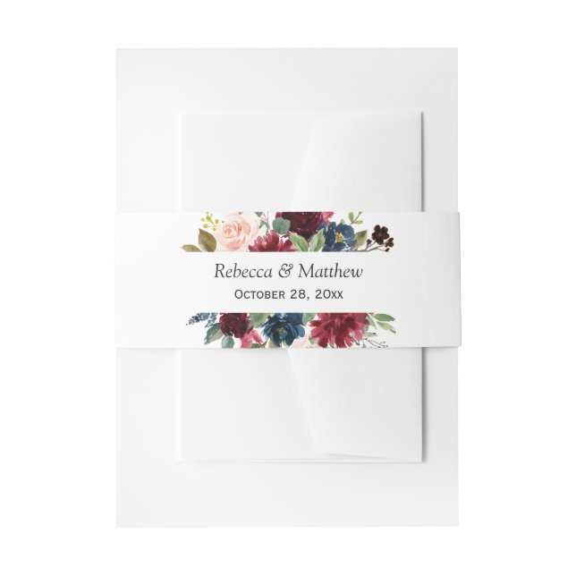 Burgundy Red Blush Blue Floral Wedding Invitation Belly Band (Front Example)