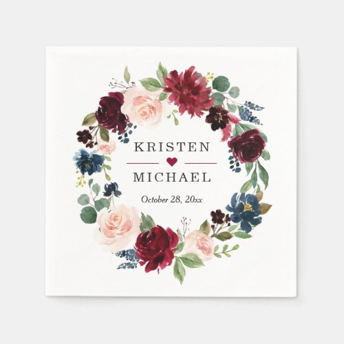 Burgundy Red Blush Blue Floral Wreath Wedding Napkins