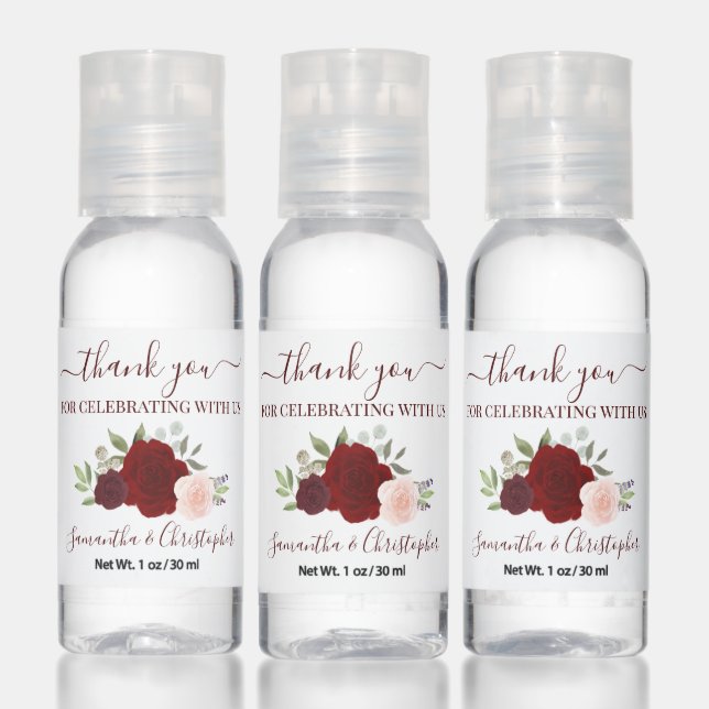 Burgundy Red & Blush Boho Roses Wedding Thank You Hand Sanitizer (Set)