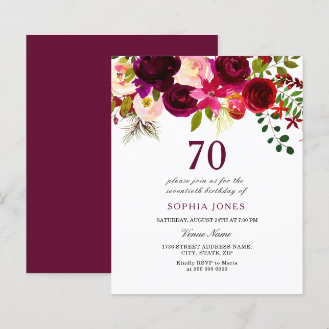 Burgundy Red Blush Budget 70th Birthday Invitation (Front/Back)