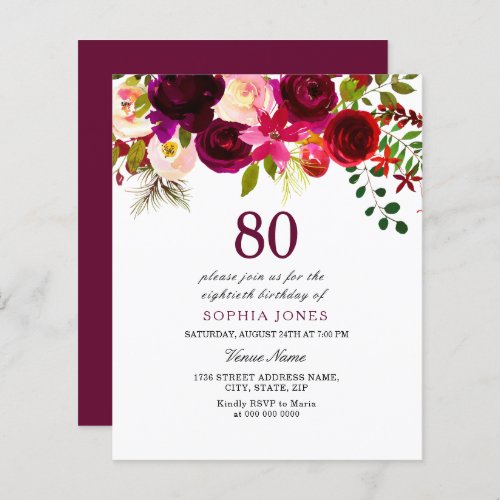 Burgundy Red Blush Budget 80th Birthday Invitation