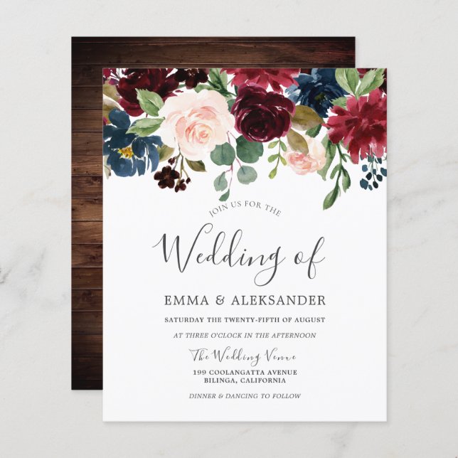 Burgundy Red Blush Budget Wedding Invitation (Front/Back)