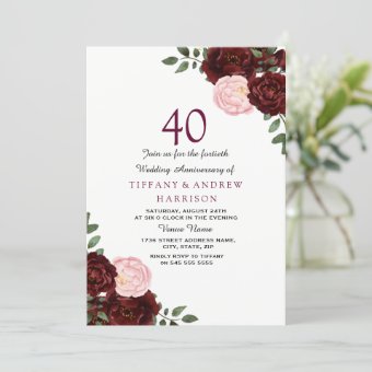 Burgundy Red Blush Floral 40th Wedding Anniversary Invitation | Zazzle