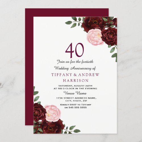 Burgundy Red Blush Floral 40th Wedding Anniversary Invitation