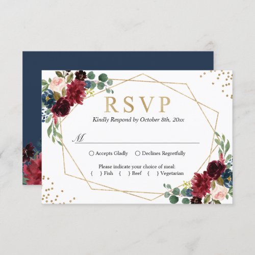 Burgundy Red Blush Floral Blue Gold Glitters RSVP