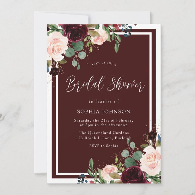 Burgundy Red & Blush Floral Bridal Shower Invitation (Front)