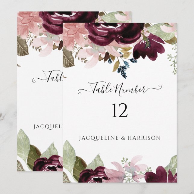 Burgundy Red Blush Floral Elegant Table Number (Front/Back)